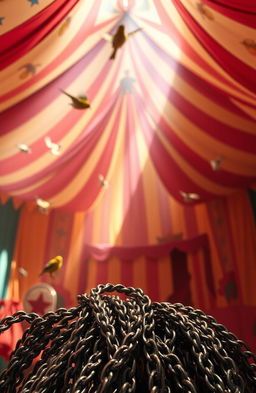 A fantastical scene set inside a vibrant circus tent, adorned with bright colors and playful patterns