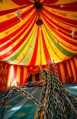 A fantastical scene set inside a vibrant circus tent, adorned with bright colors and playful patterns