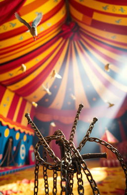 A fantastical scene set inside a vibrant circus tent, adorned with bright colors and playful patterns