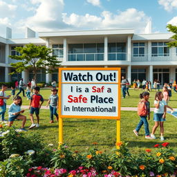 A captivating image that conveys the message 'Watch Out! It is a Safe Place in International School'