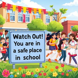A vibrant image illustrating the message 'Watch Out! You Are in a Safe Place in School'