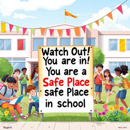 A vibrant image illustrating the message 'Watch Out! You Are in a Safe Place in School'