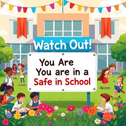 A vibrant image illustrating the message 'Watch Out! You Are in a Safe Place in School'
