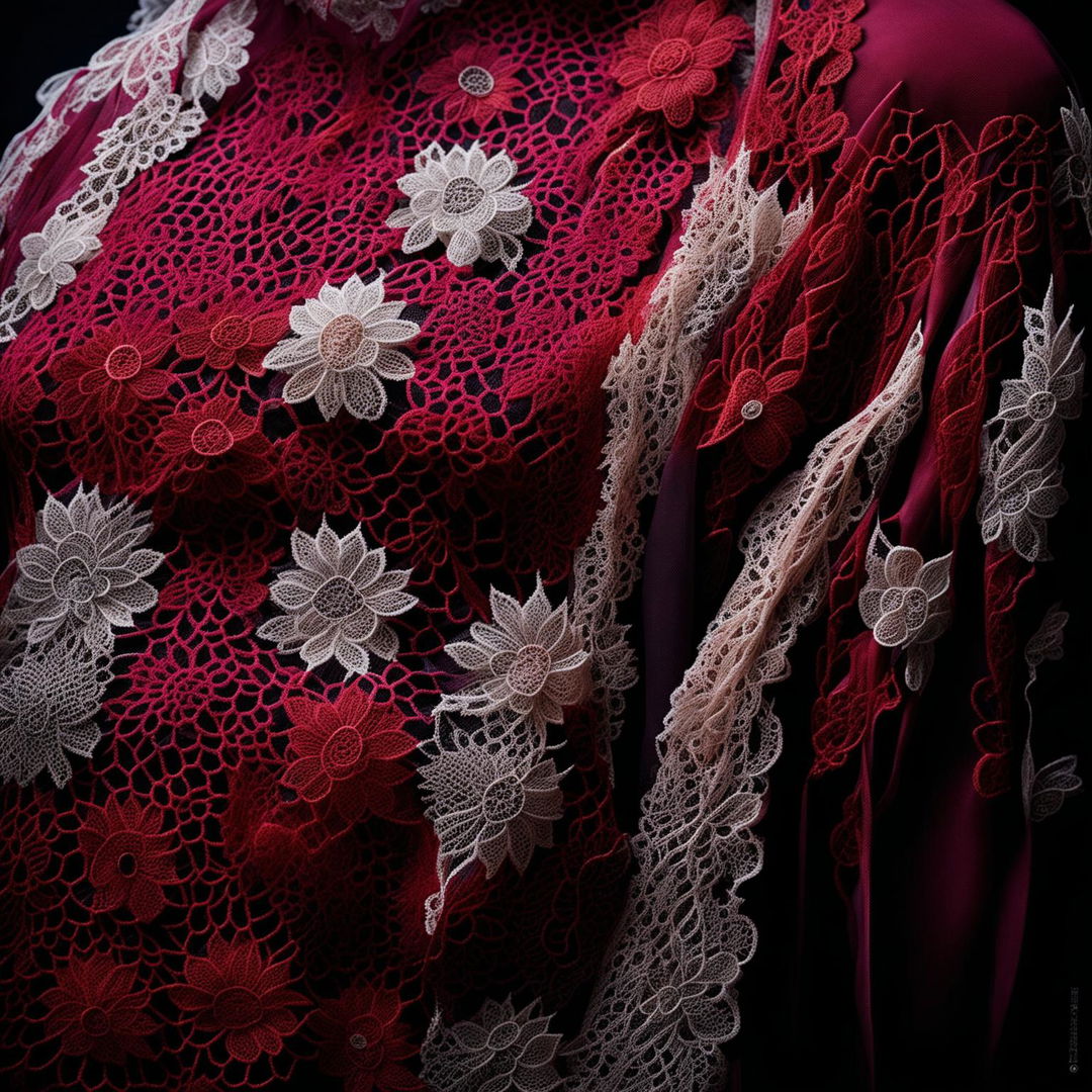 Another high-definition, editorial photograph showcasing the intricate lace embroidery on a silk garment