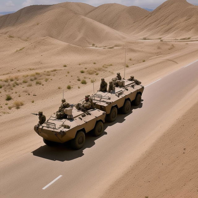 drone shot of 2 armored vehicles on a one-lane freeway bearing 10 combatants in military fatigue, armed with assault rifles, missile launcher and radio