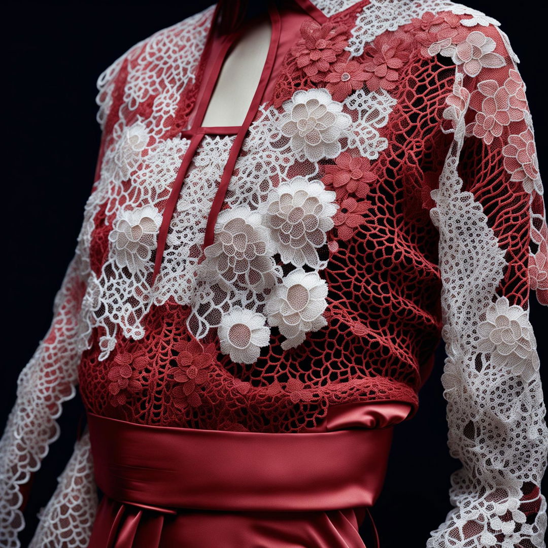 This high-definition editorial photograph features a different garment in a contrasting color, with intricate lace embroidery over a lustrous silk lining