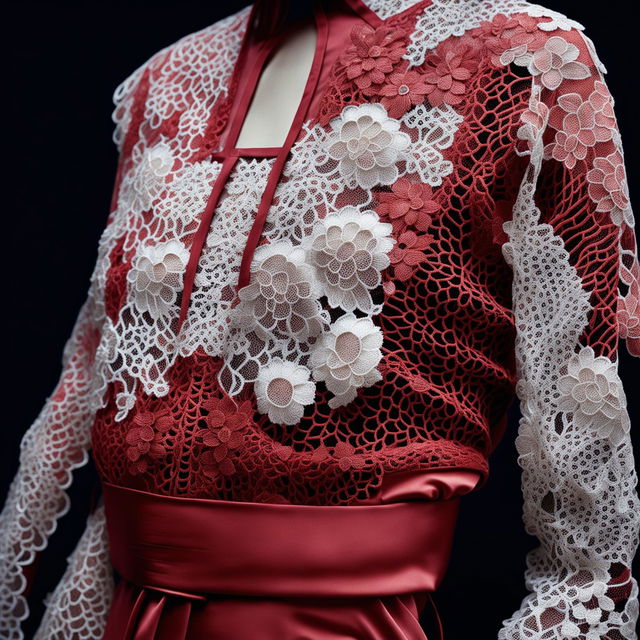 This high-definition editorial photograph features a different garment in a contrasting color, with intricate lace embroidery over a lustrous silk lining