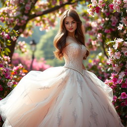 A beautiful 18-year-old girl with long brown hair and voluptuous curves wearing an elegant princess dress