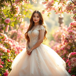 A beautiful 18-year-old girl with long brown hair and voluptuous curves wearing an elegant princess dress