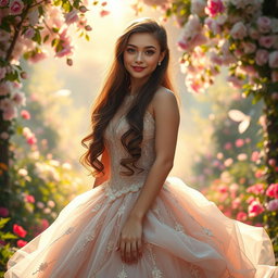 A beautiful 18-year-old girl with long brown hair and voluptuous curves wearing an elegant princess dress