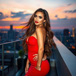 A gorgeous woman with flowing long hair, wearing a stunning, form-fitting red dress that accentuates her curves