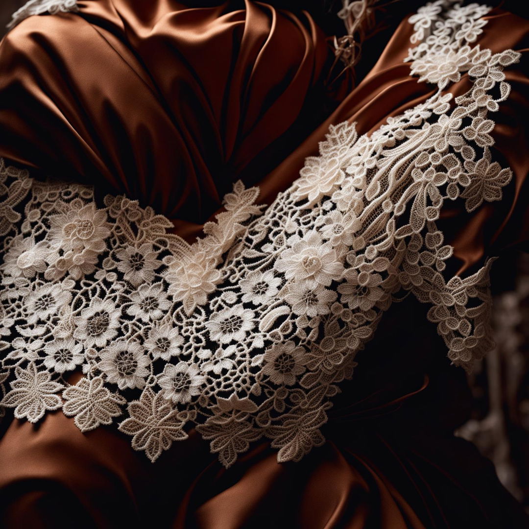 A high-definition editorial photograph showcasing a beautiful lace embroidery over a silk garment