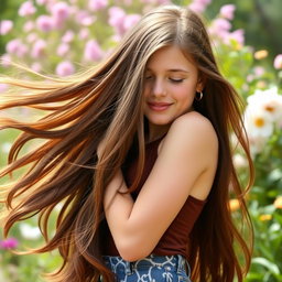 A stunning 18-year-old girl with long, flowing brown hair, exuding youthful beauty and charm