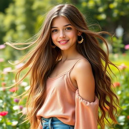 A stunning 18-year-old girl with long, flowing brown hair, exuding youthful beauty and charm
