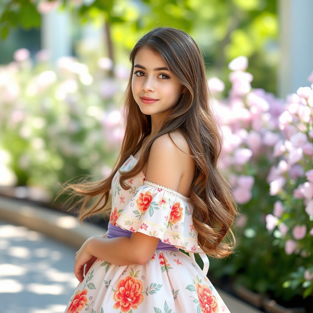 An elegant 18-year-old girl with long, flowing brown hair, wearing a beautiful and stylish dress