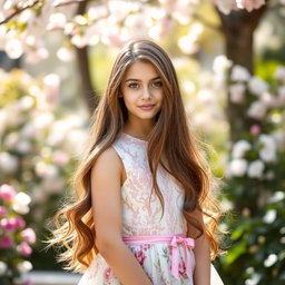 An elegant 18-year-old girl with long, flowing brown hair, wearing a beautiful and stylish dress