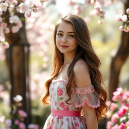 An elegant 18-year-old girl with long, flowing brown hair, wearing a beautiful and stylish dress