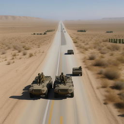 drone shot of 2 armored vehicles on a one-lane freeway bearing 10 combatants in military fatigue, armed with assault rifles, missile launcher and radio