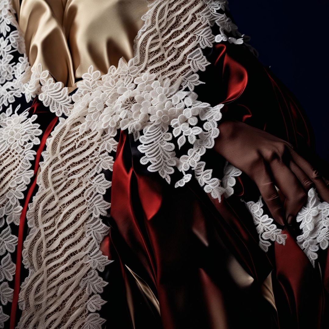 A high-definition editorial photograph showcasing intricate lace embroidery over a silk garment