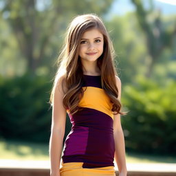 An attractive 18-year-old girl with long brown hair, wearing a stylish and form-fitting dress that accentuates her figure