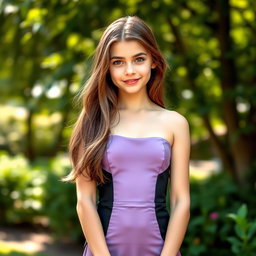 An attractive 18-year-old girl with long brown hair, wearing a stylish and form-fitting dress that accentuates her figure
