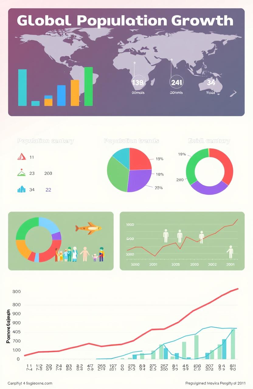 A visually appealing infographic that illustrates various statistics related to global population growth, including a bar graph comparing different continents' population numbers, a pie chart showing age distribution, and a line graph depicting population trends over the last century