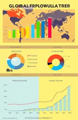 A visually appealing infographic that illustrates various statistics related to global population growth, including a bar graph comparing different continents' population numbers, a pie chart showing age distribution, and a line graph depicting population trends over the last century