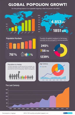 A visually appealing infographic that illustrates various statistics related to global population growth, including a bar graph comparing different continents' population numbers, a pie chart showing age distribution, and a line graph depicting population trends over the last century