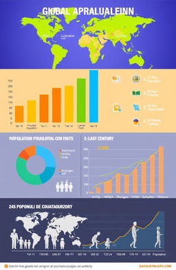A visually appealing infographic that illustrates various statistics related to global population growth, including a bar graph comparing different continents' population numbers, a pie chart showing age distribution, and a line graph depicting population trends over the last century
