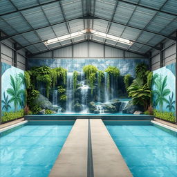 A large mural design featuring waterfalls, artificial plants, and decorative panels, situated in a closed pool area within a metal-roofed warehouse