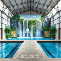 A large mural design featuring waterfalls, artificial plants, and decorative panels, situated in a closed pool area within a metal-roofed warehouse