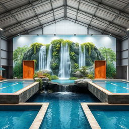 A large mural design featuring waterfalls, artificial plants, and decorative panels, situated in a closed pool area within a metal-roofed warehouse