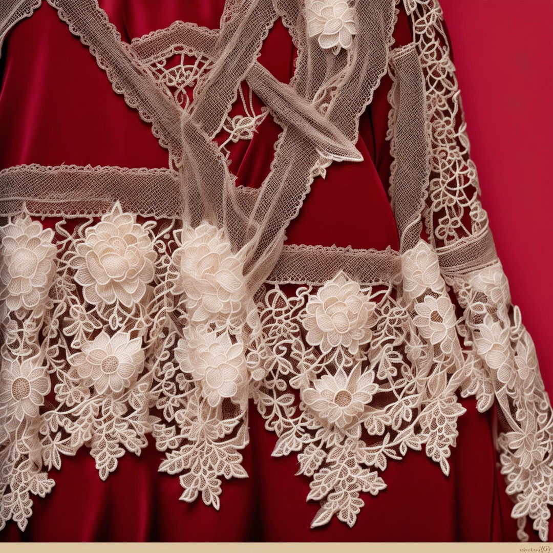 A high-definition editorial photograph showcasing intricate lace embroidery over a silk garment