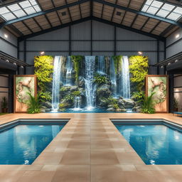 A large mural design featuring waterfalls, artificial plants, and decorative panels, situated in a closed pool area within a metal-roofed warehouse