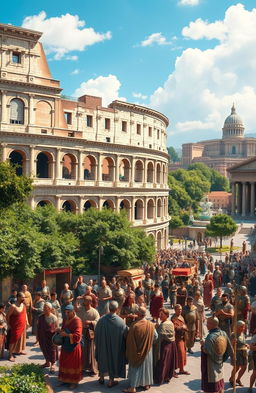 A beautiful and vibrant depiction of ancient Rome, showcasing the grandeur of the Colosseum with its majestic arches and stone facade, bustling streets filled with toga-clad citizens, merchants selling their wares, and soldiers in armor