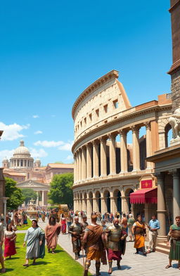A beautiful and vibrant depiction of ancient Rome, showcasing the grandeur of the Colosseum with its majestic arches and stone facade, bustling streets filled with toga-clad citizens, merchants selling their wares, and soldiers in armor