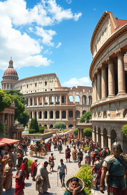 A beautiful and vibrant depiction of ancient Rome, showcasing the grandeur of the Colosseum with its majestic arches and stone facade, bustling streets filled with toga-clad citizens, merchants selling their wares, and soldiers in armor