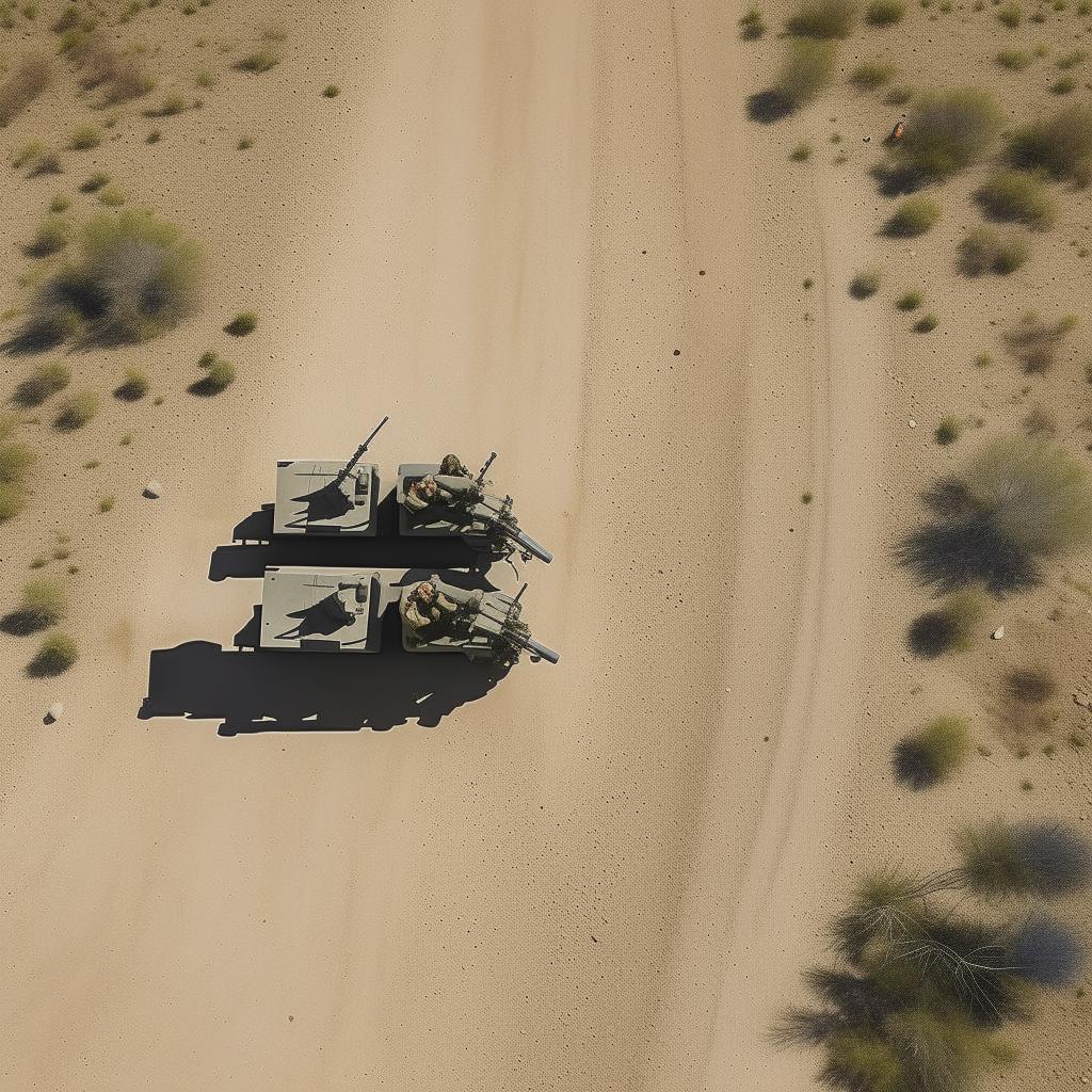 drone shot of 2 armored vehicles on a one-lane freeway bearing 10 combatants in military fatigue, armed with assault rifles, missile launcher and radio