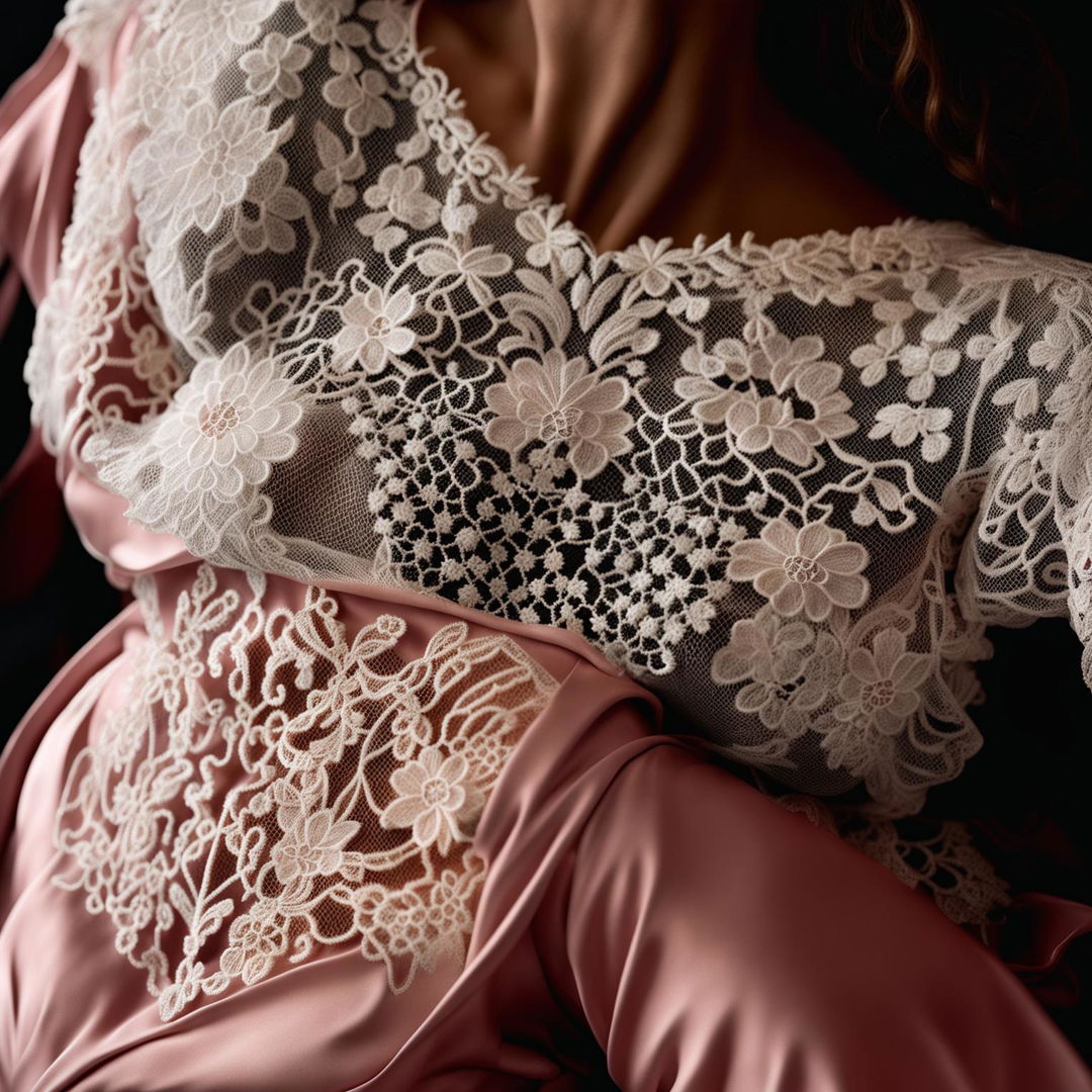 A high definition, editorial style photograph featuring a detailed close-up of intricate lace embroidery over a soft pink silk garment