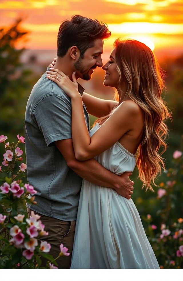 A romantic scene capturing the essence of love and tenderness, featuring a couple embracing in a beautiful natural setting