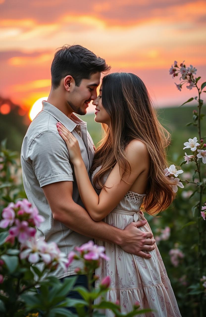 A romantic scene capturing the essence of love and tenderness, featuring a couple embracing in a beautiful natural setting