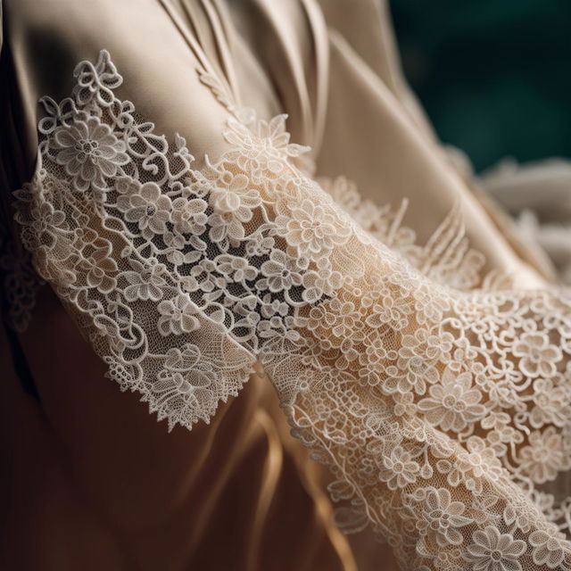 A high-definition editorial photograph showcasing intricate lace embroidery on a silk garment