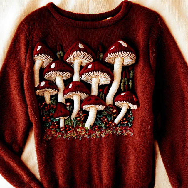 A high-definition, editorial-style photograph of a jumper adorned with intricate mushroom embroidery