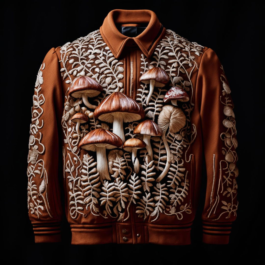 A high-definition, editorial-style photograph showcasing a jacket with intricate mushroom embroidery