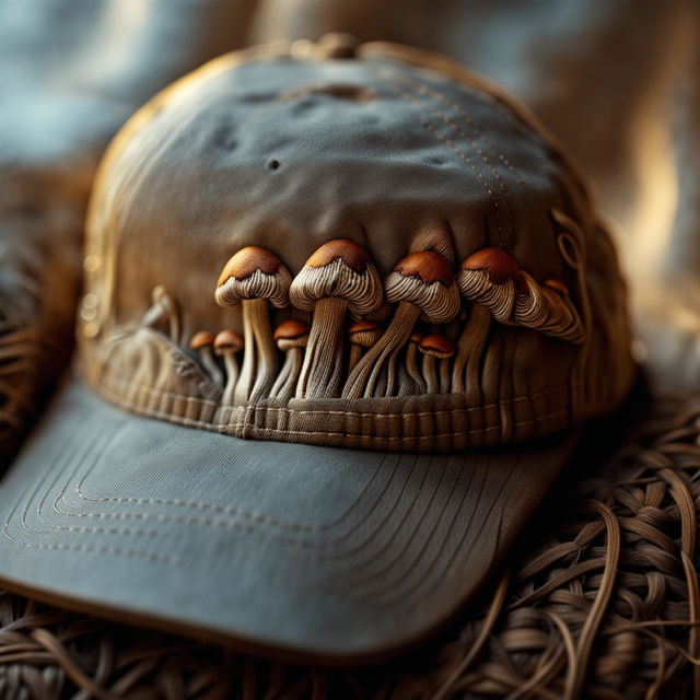 A high-definition, close-up photograph of a cap with minimalistic mushroom embroidery