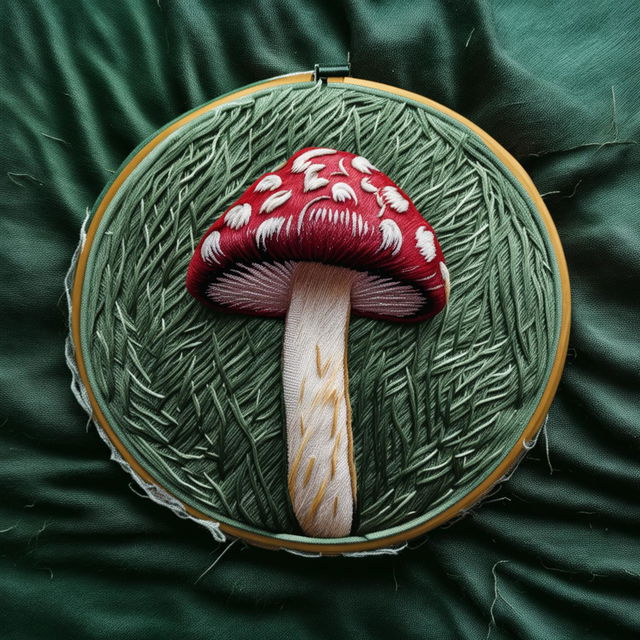 This image depicts a high-quality embroidery piece on a hoop, featuring a vibrant mushroom against a forest green background