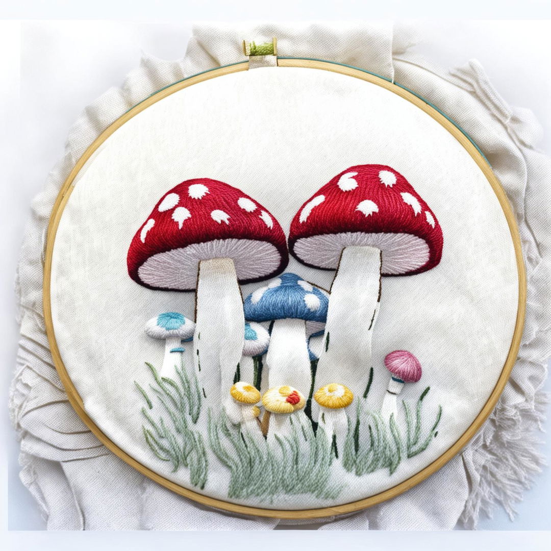 This image presents a cute and whimsical mushroom embroidery on a hoop