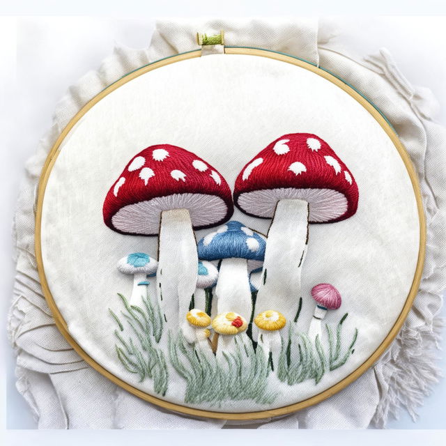 This image presents a cute and whimsical mushroom embroidery on a hoop