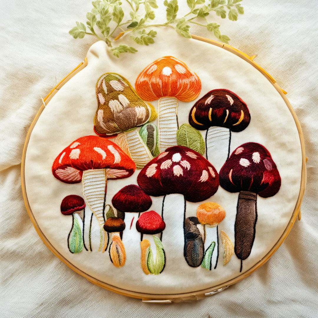 This image showcases a unique mushroom embroidery on a hoop, featuring different varieties of mushrooms in a range of colors, set against a soft cream background