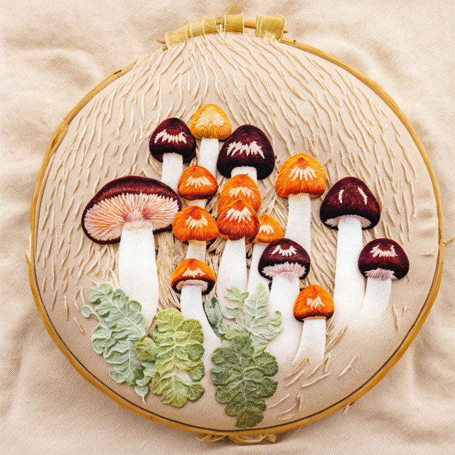 This image presents a fresh mushroom embroidery on a hoop, featuring an array of mushrooms of varying shapes, sizes, and colors against a soft beige background